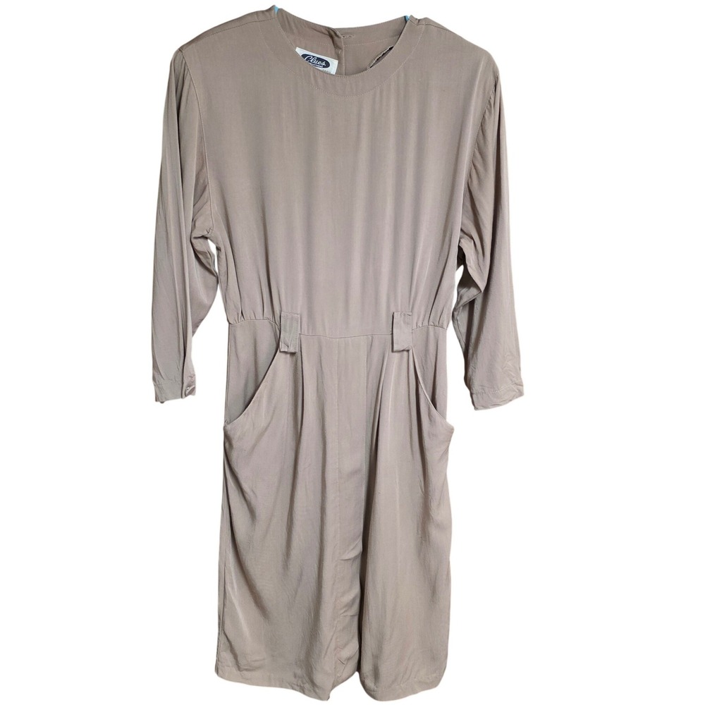 Clues‎ Collections Vintage Midi Dress Women Small 12 Tan Rayon Pockets USA GUC